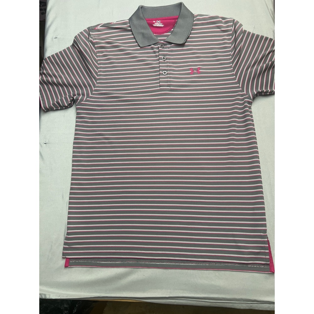Under Armour Mens HeatGear Polo Shirt Medium Gray Pink Striped Short Sleeve Logo